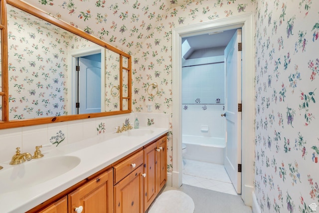 575 S 1560 E, Mapleton, UT 84664 - bathroom with wallpapered walls, tile patterned floors, double vanity, and toilet