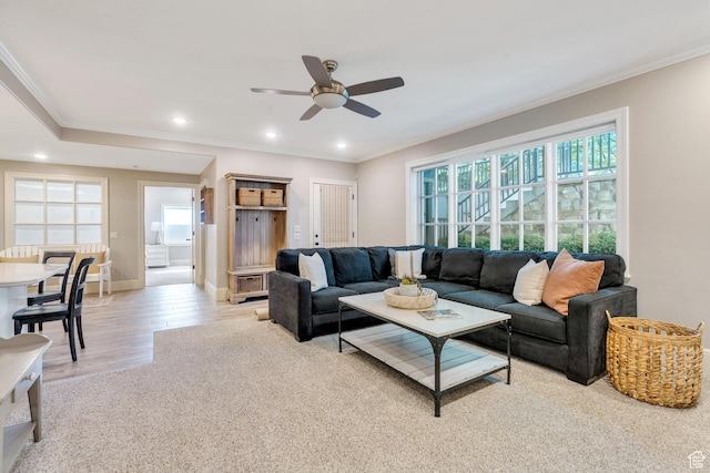 575 S 1560 E, Mapleton, UT 84664 - living area featuring a ceiling fan, healthy amount of natural light, crown molding, recessed lighting, and baseboards