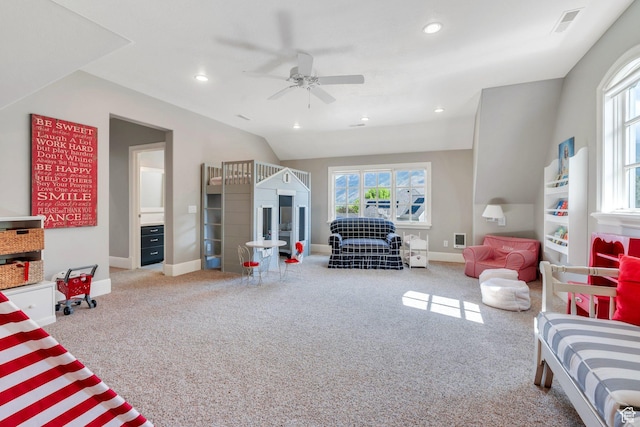 575 S 1560 E, Mapleton, UT 84664 - carpeted living room with ceiling fan, baseboards, recessed lighting, and vaulted ceiling