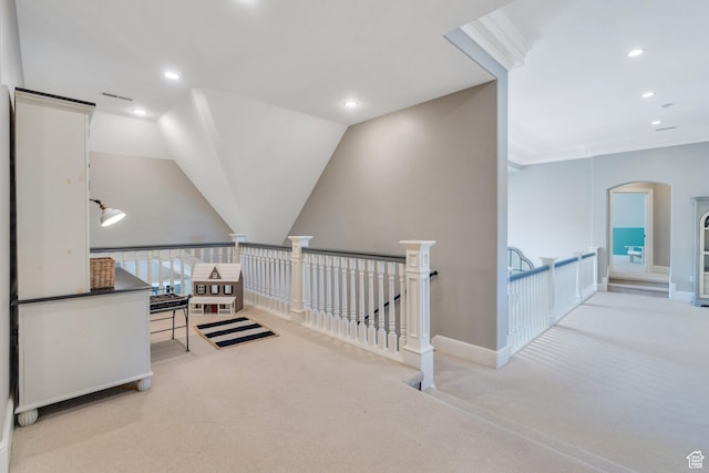 575 S 1560 E, Mapleton, UT 84664 - hallway featuring carpet floors, an upstairs landing, recessed lighting, arched walkways, and baseboards