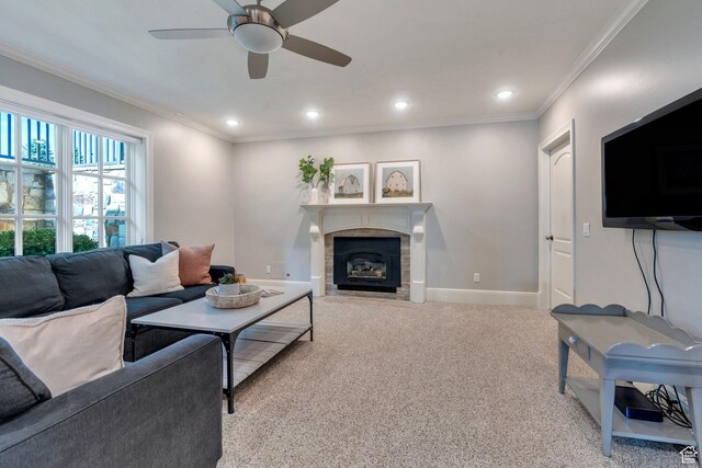 575 S 1560 E, Mapleton, UT 84664 - living area featuring a ceiling fan, a fireplace with flush hearth, recessed lighting, light carpet, and baseboards