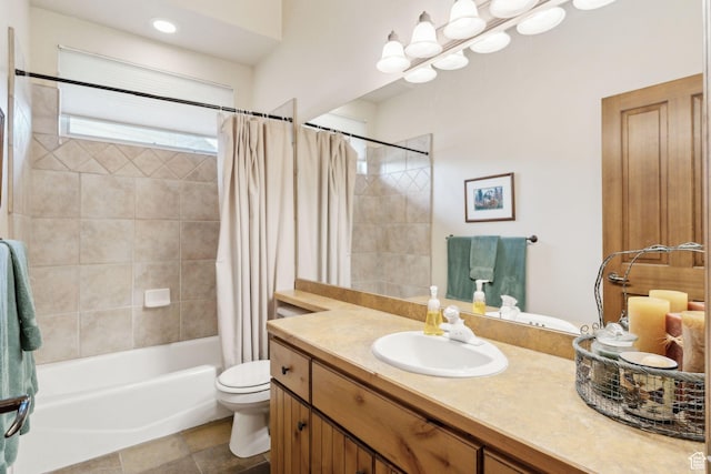 full bathroom with toilet, shower / bath combo, and vanity