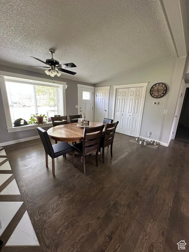 250 W 100 S, Duchesne, UT 84021 - dining area featuring dark wood-style flooring, baseboards, a textured ceiling, a ceiling fan, and lofted ceiling