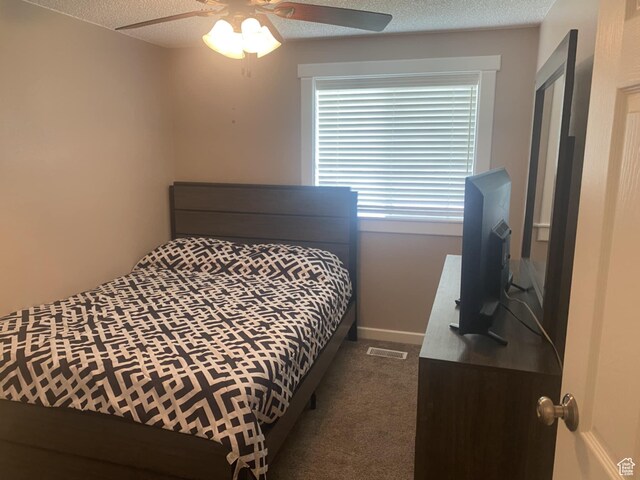 250 W 100 S, Duchesne, UT 84021 - bedroom featuring a textured ceiling, dark carpet, and ceiling fan