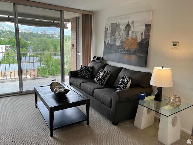 living room with carpet flooring and a wall of windows