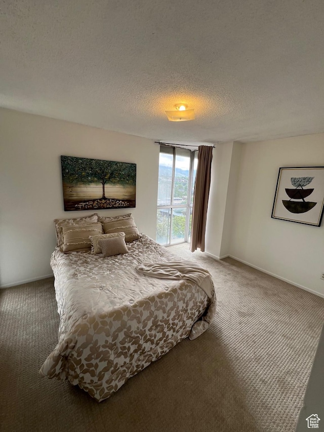 carpeted bedroom with baseboards and a textured ceiling