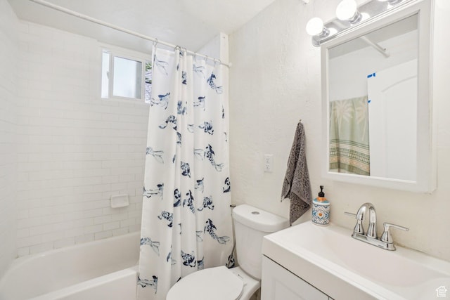 bathroom with toilet, shower / bathtub combination with curtain, and vanity