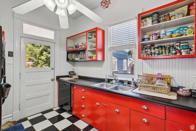 538 S 800 E, Salt Lake City, UT 84102 - kitchen with red cabinetry, open shelves, and tile patterned floors