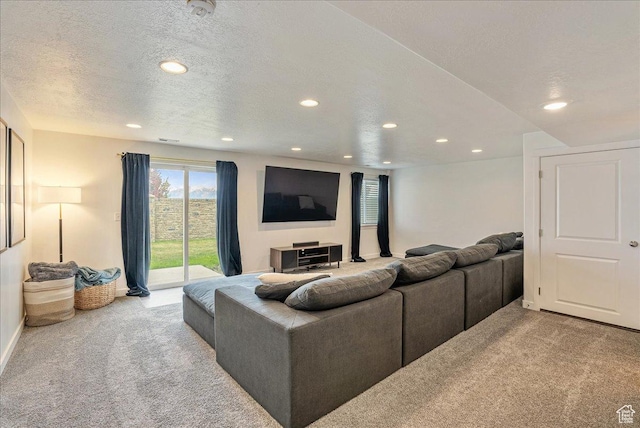 7881 S Highlandpoint Way, West Jordan, UT 84081 - living room with carpet, recessed lighting, a textured ceiling, and baseboards