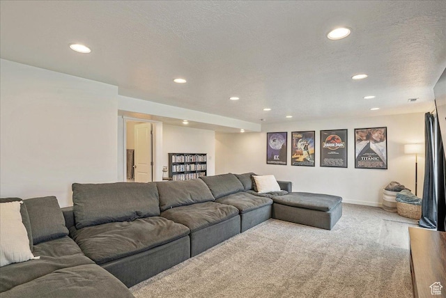 7881 S Highlandpoint Way, West Jordan, UT 84081 - carpeted living room with recessed lighting, baseboards, and a textured ceiling