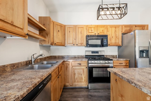 kitchen with appliances with stainless steel finishes, a sink, dark wood-type flooring, pendant lighting, and open shelves