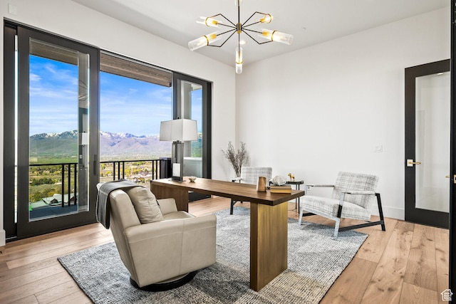 1964 E Upper Lookout Knoll Cir Unit 371, Heber City, UT 84032 - office area featuring a mountain view, a chandelier, and wood-type flooring