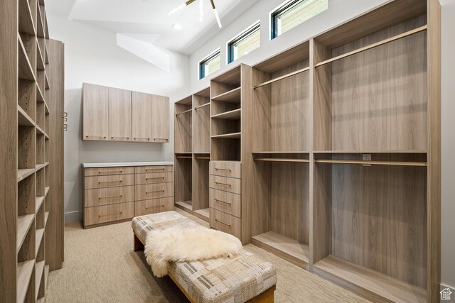 walk in closet featuring light carpet and a towering ceiling