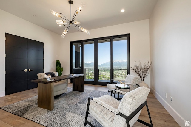 1964 E Upper Lookout Knoll Cir Unit 371, Heber City, UT 84032 - office with a chandelier, light wood-type flooring, a mountain view, and recessed lighting