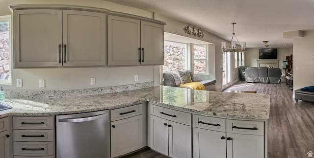 15059 S Rose Creek Ln, Herriman, UT 84096 - kitchen with dishwasher, open floor plan, a peninsula, dark wood-style floors, and light stone countertops