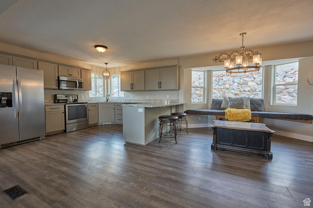 15059 S Rose Creek Ln, Herriman, UT 84096 - kitchen with appliances with stainless steel finishes, gray cabinets, a chandelier, a peninsula, and healthy amount of natural light