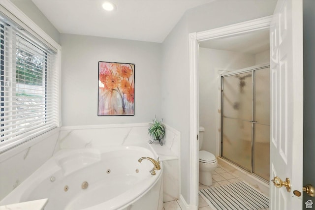 bathroom with a shower stall, tile patterned floors, a whirlpool tub, and toilet