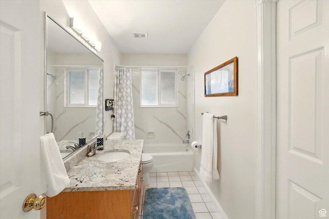 full bath with tile patterned flooring, vanity, shower / bath combo, baseboards, and toilet