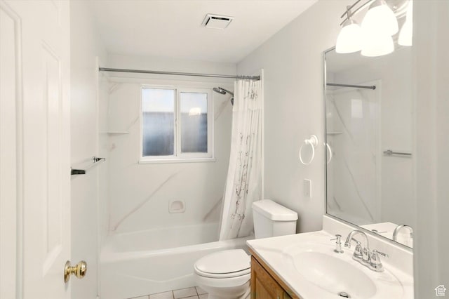 full bath with toilet, shower / tub combo with curtain, vanity, and tile patterned floors