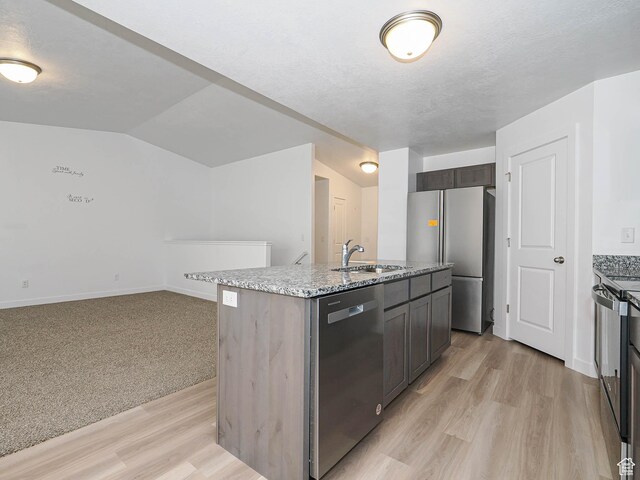 kitchen with stainless steel appliances, light stone counters, light wood finished floors, a kitchen island with sink, and a sink