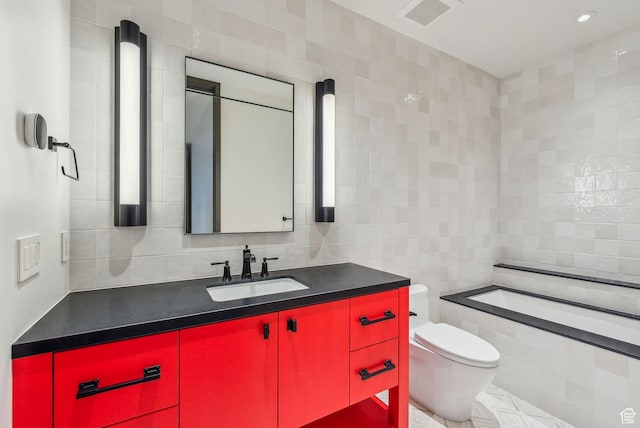 7455 N Promontory Ranch Rd, Park City, UT 84098 - full bath with tile walls, vanity, toilet, a tub, and backsplash