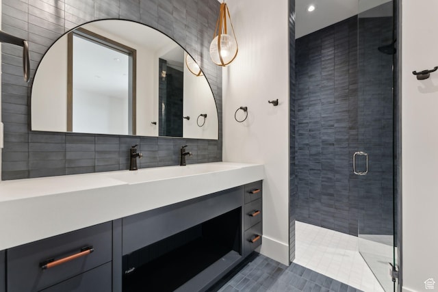 7455 N Promontory Ranch Rd, Park City, UT 84098 - bathroom featuring a stall shower, vanity, tile patterned floors, decorative backsplash, and recessed lighting