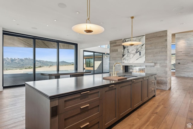 7455 N Promontory Ranch Rd, Park City, UT 84098 - kitchen with a sink, dark countertops, an island with sink, light wood-style flooring, and a wall of windows