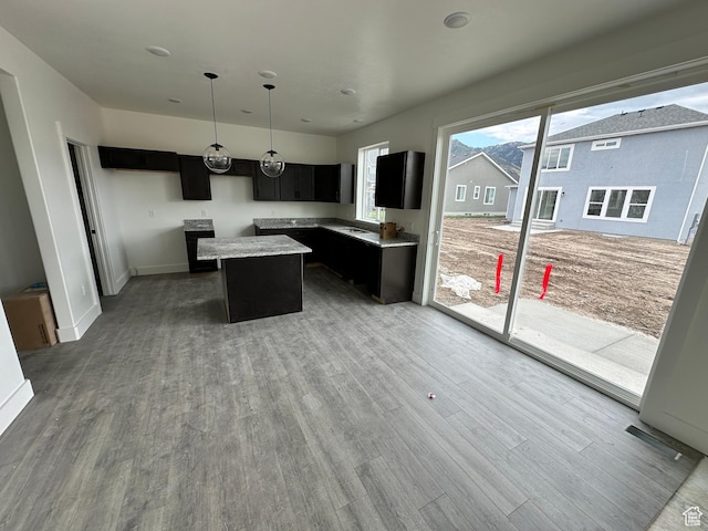 kitchen with dark cabinetry, a center island, healthy amount of natural light, and wood finished floors