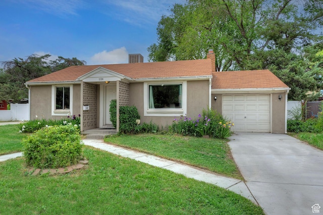 1154 S Montgomery St W, Salt Lake City, UT 84104 - ranch-style house featuring stucco siding, an attached garage, driveway, and a chimney