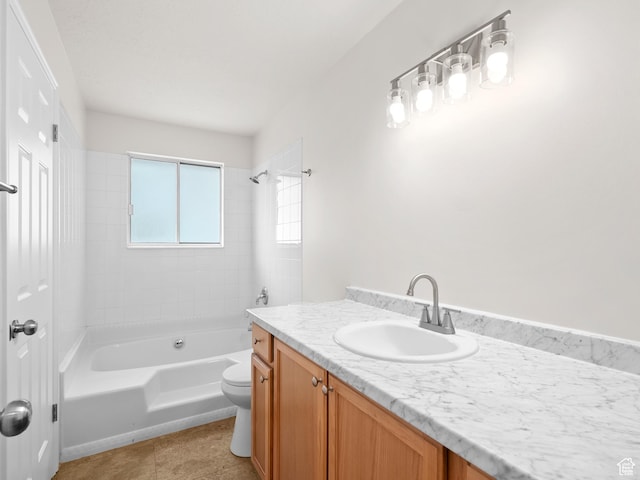 full bath with vanity, toilet, bathtub / shower combination, and tile patterned flooring