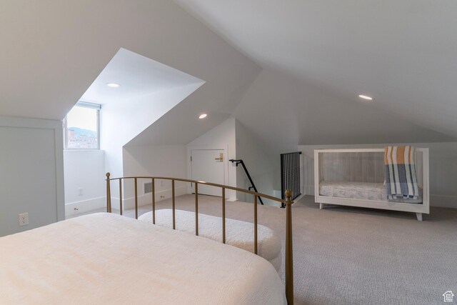 158 N State St, Salt Lake City, UT 84103 - bedroom with carpet flooring, vaulted ceiling, recessed lighting, and baseboards