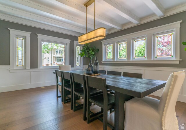 158 N State St, Salt Lake City, UT 84103 - dining area featuring beam ceiling, wood finished floors, wainscoting, and a decorative wall