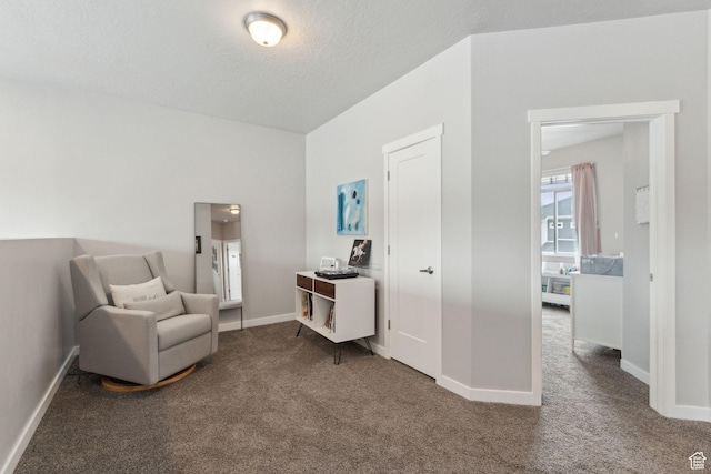 sitting room featuring carpet floors, baseboards, and a textured ceiling