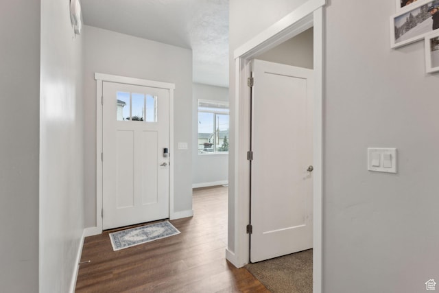 foyer entrance with wood finished floors and baseboards