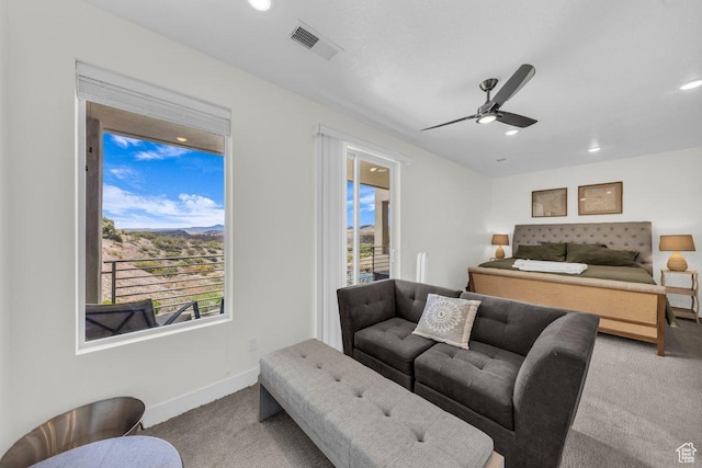 carpeted bedroom with recessed lighting, baseboards, and a ceiling fan