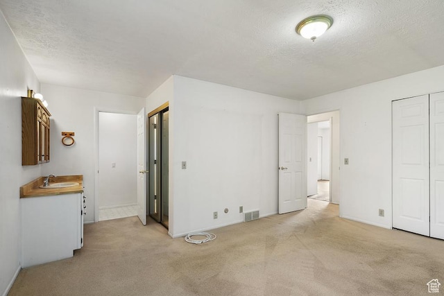 unfurnished bedroom featuring light carpet, a textured ceiling, baseboards, and a sink