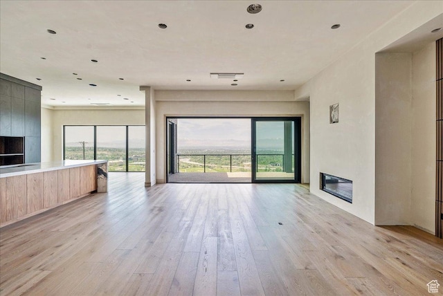 6078 S Heughs Canyon Way, Holladay, UT 84121 - unfurnished living room featuring a glass covered fireplace and light wood-style flooring