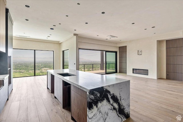 6078 S Heughs Canyon Way, Holladay, UT 84121 - kitchen featuring modern cabinets, open floor plan, light wood-style flooring, and recessed lighting