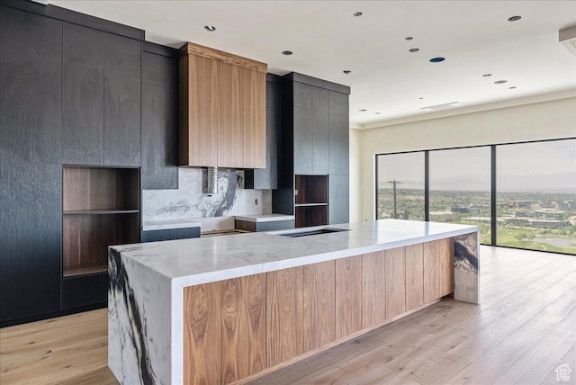 6078 S Heughs Canyon Way, Holladay, UT 84121 - kitchen with modern cabinets, a spacious island, tasteful backsplash, light wood-type flooring, and light countertops
