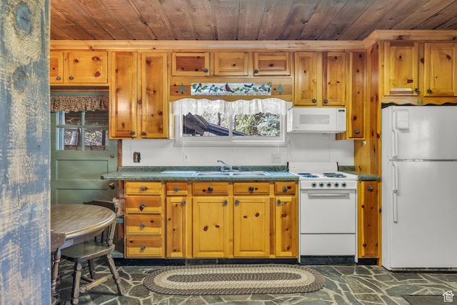 1456 E Weber Wild Rd, Oakley, UT 84055 - kitchen with white appliances, wood ceiling, a sink, brown cabinets, and dark countertops