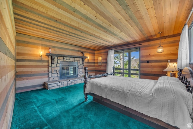 1456 E Weber Wild Rd, Oakley, UT 84055 - bedroom with wood walls, a fireplace, carpet floors, and wood ceiling