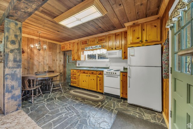 1456 E Weber Wild Rd, Oakley, UT 84055 - kitchen with white appliances, stone flooring, wooden ceiling, a chandelier, and a sink
