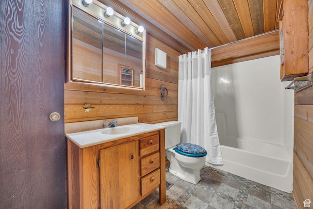 1456 E Weber Wild Rd, Oakley, UT 84055 - bathroom featuring wood walls, wood ceiling, toilet, vanity, and shower / bath combo with shower curtain
