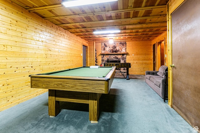 rec room with carpet floors, billiards table, wooden ceiling, and wood walls