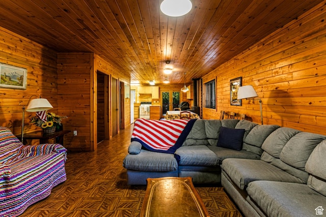living room featuring wood walls and wooden ceiling