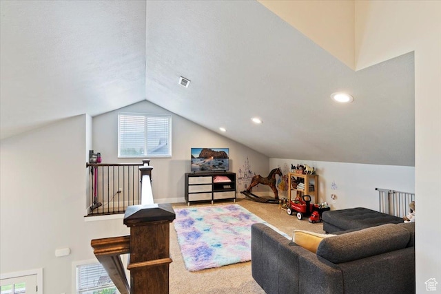 4026 E 4325 N, Eden, UT 84310 - carpeted living room with vaulted ceiling and recessed lighting