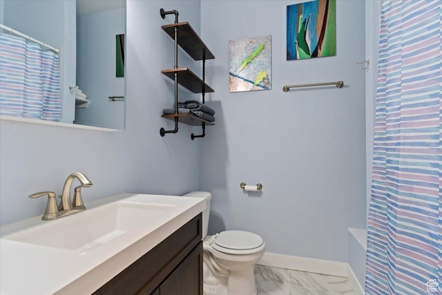 4026 E 4325 N, Eden, UT 84310 - full bath with curtained shower, toilet, marble finish floors, vanity, and baseboards