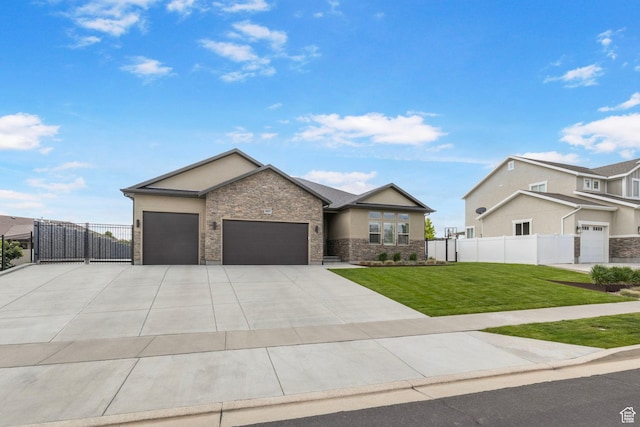 view of front facade with an attached garage, stone siding, concrete driveway, and stucco siding
