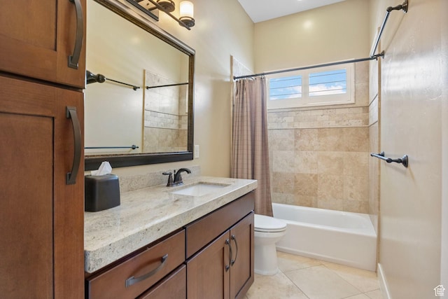 full bathroom with toilet, tile patterned floors, vanity, and shower / bath combination with curtain