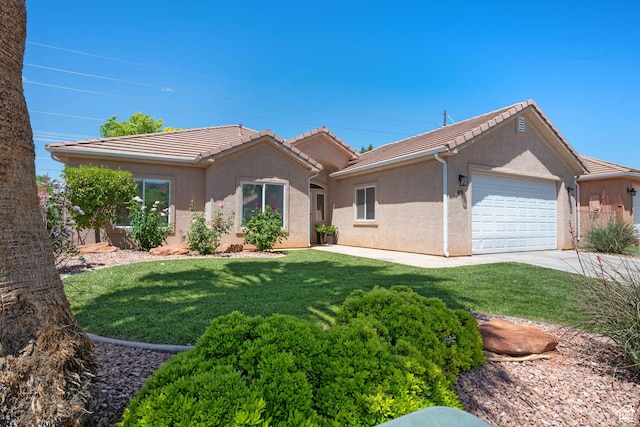 single story home with an attached garage, stucco siding, a front lawn, and driveway